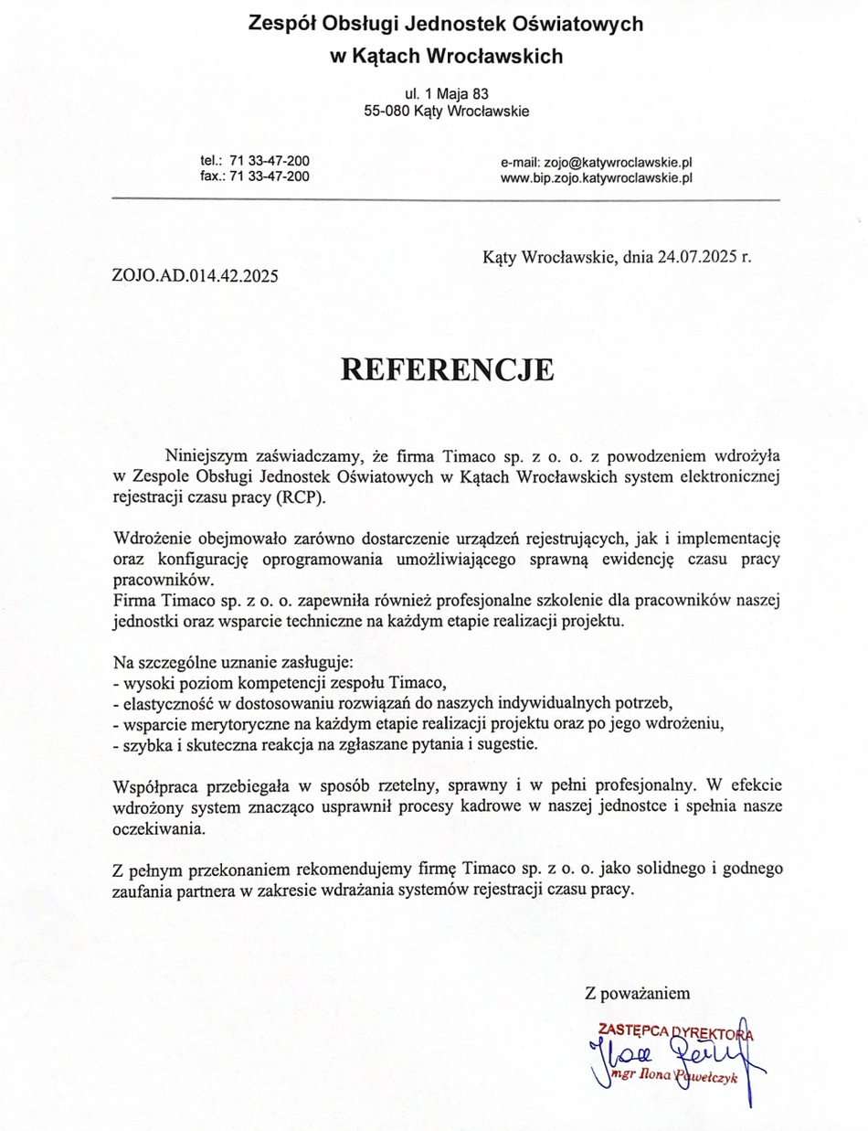 Referencje od ZOJO Kąty Wrocławskie